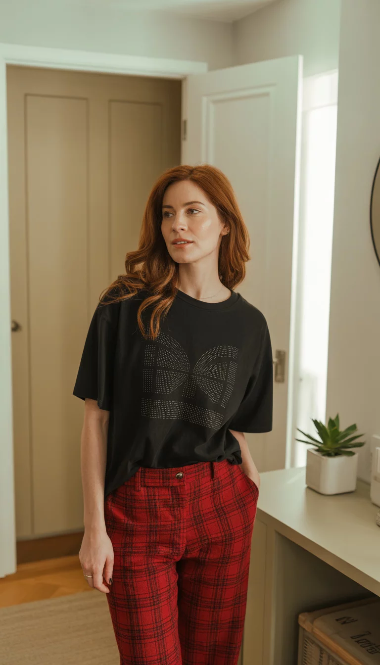 Plaid Pants And Graphic Tee Fun A beautiful 29-year-old woman in a black graphic t-shirt and red plaid trousers, standing in a brightly lit home entryway with a neutral rug.