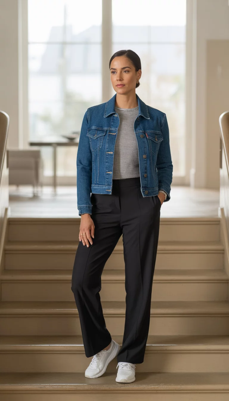 Stripes And Sneakers Combo A beautiful 30-year-old woman wearing a blue denim jacket, a black and white striped crewneck top, black wide-leg trousers, and white athletic sneakers, standing on a staircase in a house.