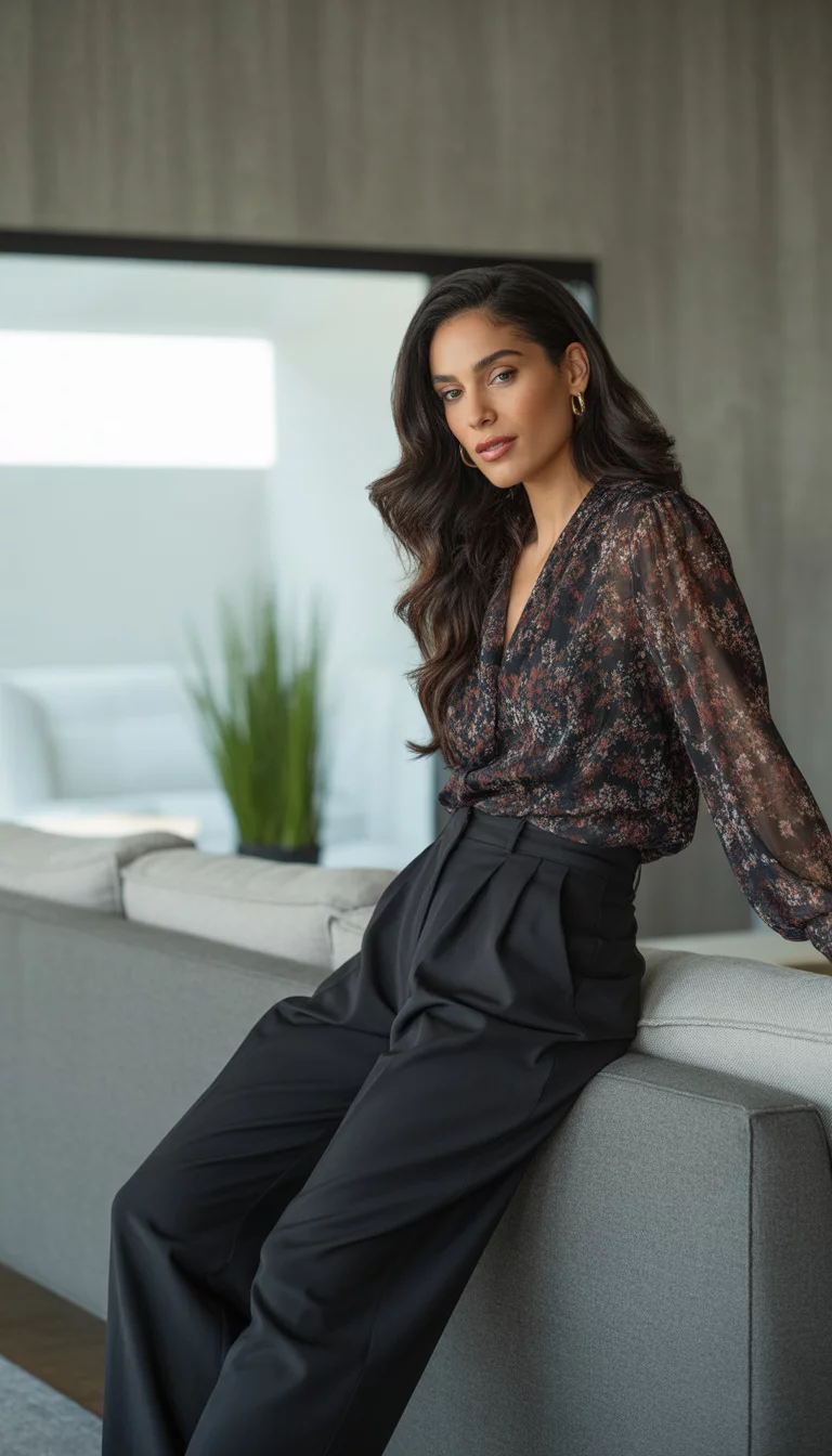 Floral Blouse And Wide Leg Trousers A beautiful 26-year-old woman in a dark floral print blouse tucked into black wide-leg trousers, posing in a modern indoor living space.