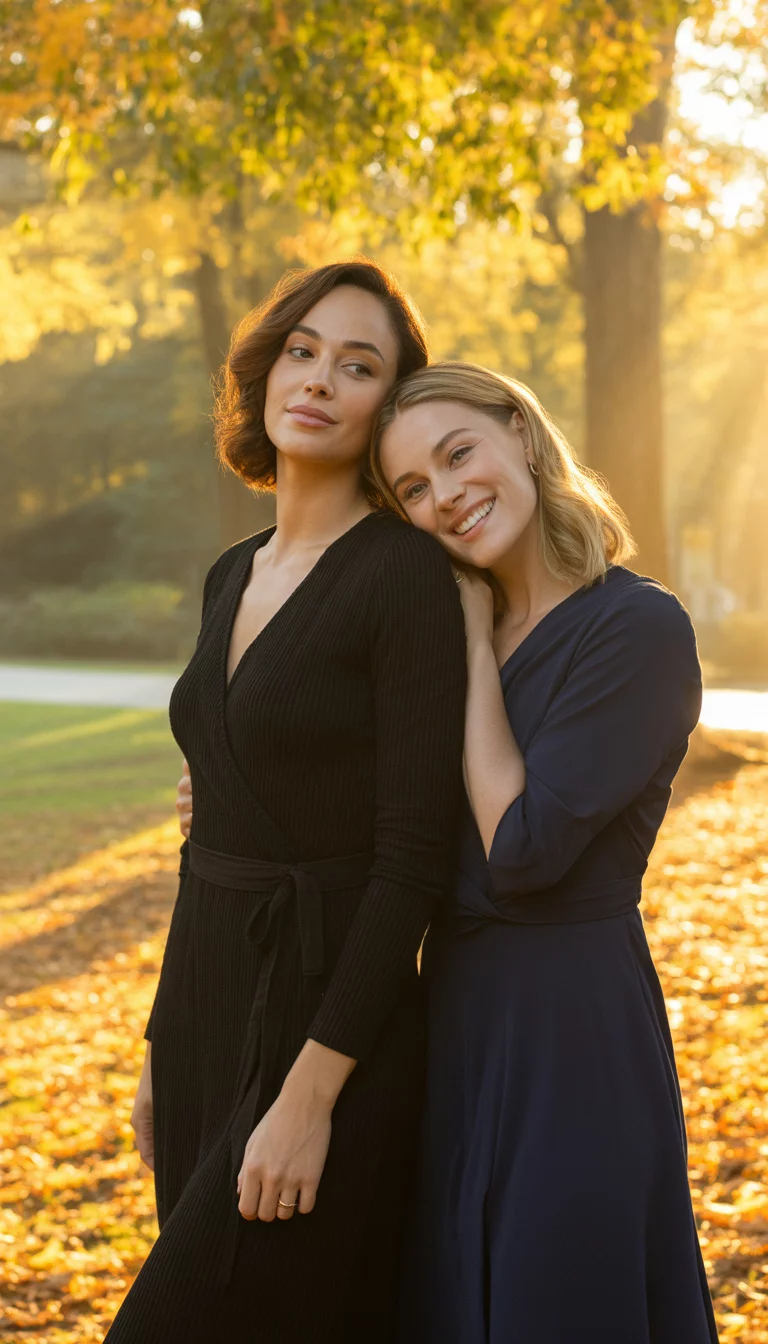 Ribbed Wrap Dress Sophistication A beautiful 36-year-old woman and her friend in long-sleeved ribbed wrap dresses, one in black and one in navy blue, standing in an outdoor park setting with autumn leaves.