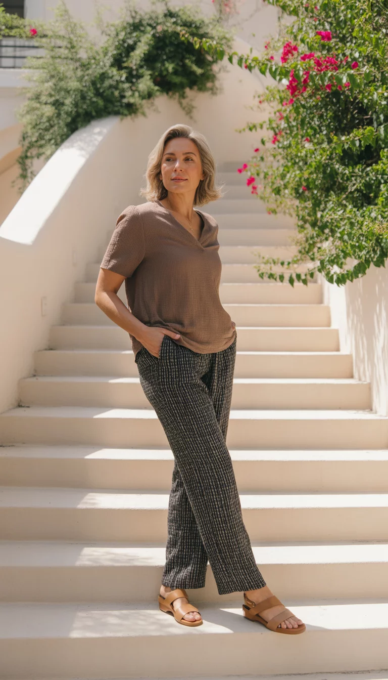 Patterned Pants and Textured Earth Tones A beautiful 40-year-old woman in a brown textured short-sleeve top, black and white patterned wide-leg trousers, and tan leather sandals, posing on a white outdoor staircase.