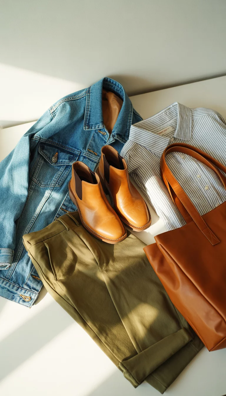 Fall Wardrobe Essentials Capsule A flat lay collage of fall clothing items including tan ankle boots, a denim jacket, olive green pants, striped shirts, and a brown leather tote bag on a white surface.