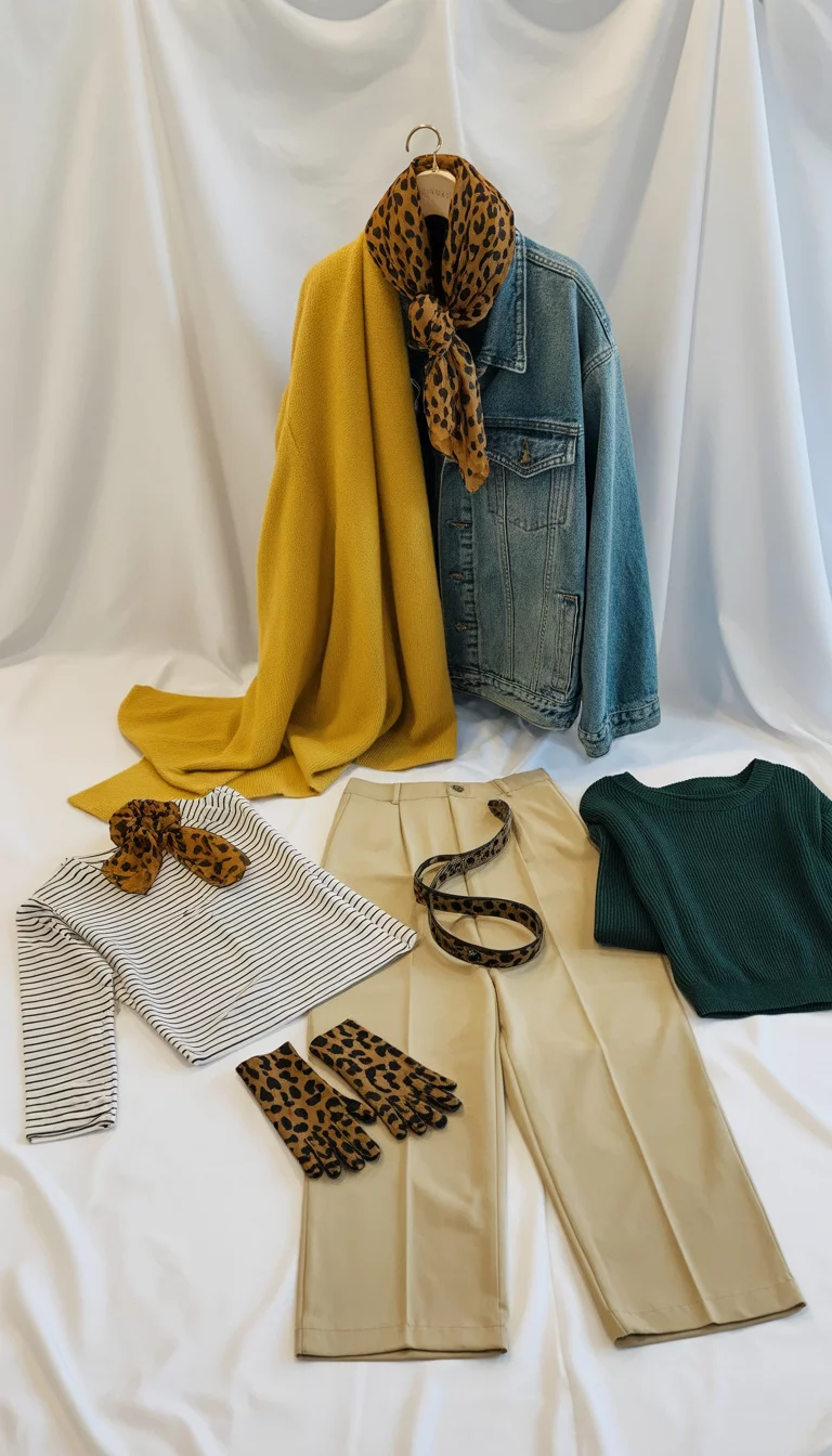 The Capsule Wardrobe Collection A colorful collage of eight different clothing items including a mustard cardigan, denim jacket, striped tops, and leopard print accessories, organized neatly on a white background.