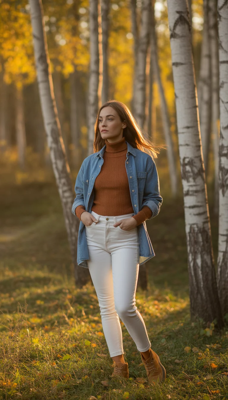 Forest Hues And Crisp White Denim A beautiful 27-year-old woman in a rust-colored turtleneck sweater under an unbuttoned blue denim shirt, white skinny jeans, and tan boots, standing in a birch tree forest in autumn.