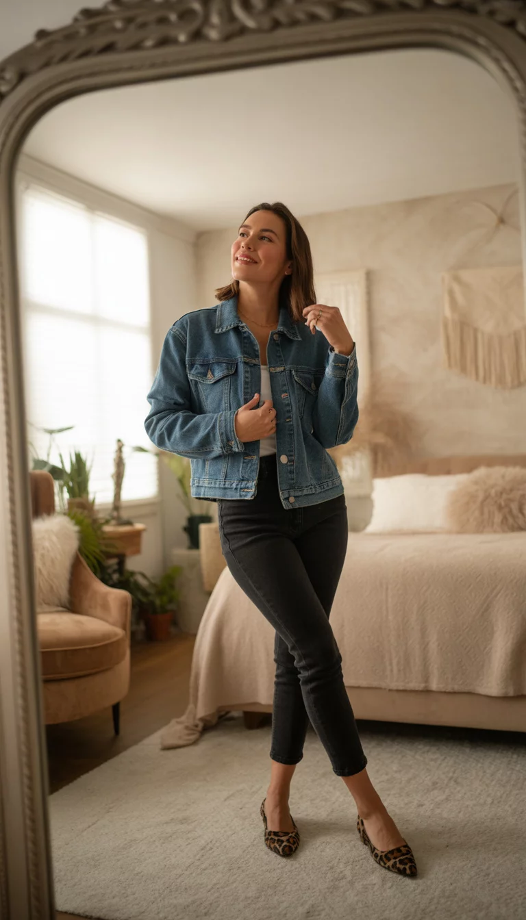The Weekend Vibes Denim Jacket A beautiful 32-year-old woman in a medium wash denim jacket, a simple black top, black cropped skinny jeans, and leopard print flat shoes, taking a mirror selfie in a decorated bedroom.