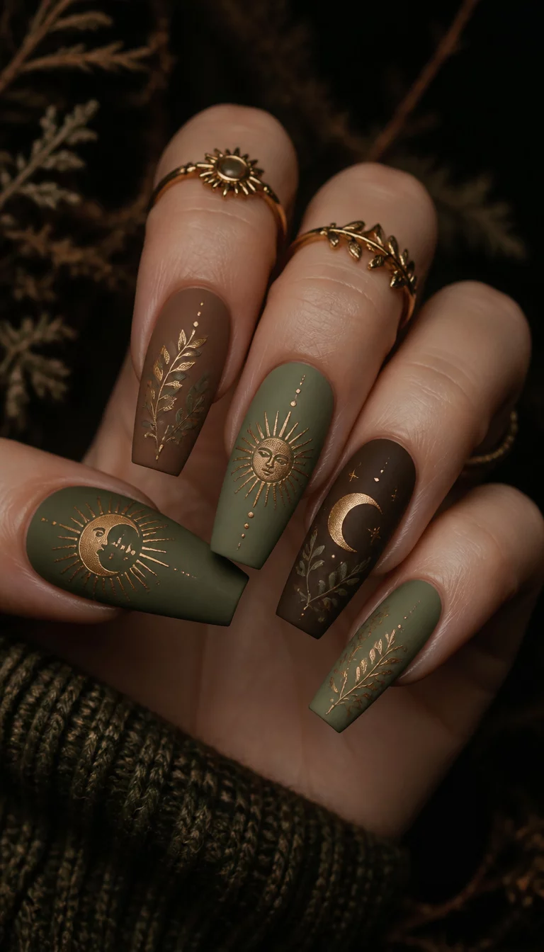 Celestial Botanical Matte close-up shot of a woman’s hand with five fingers showing coffin-shaped nails with a matte finish in earthy tones of green and brown, adorned with gold celestial sun and moon motifs and botanical leaves, dark earthy background.