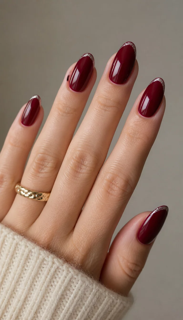 Burgundy With Silver Glitter close-up shot of a woman’s hand with five fingers showing medium-length, almond-shaped nails in a deep burgundy color with a subtle silver glitter French tip, gold ring on a finger, neutral background.