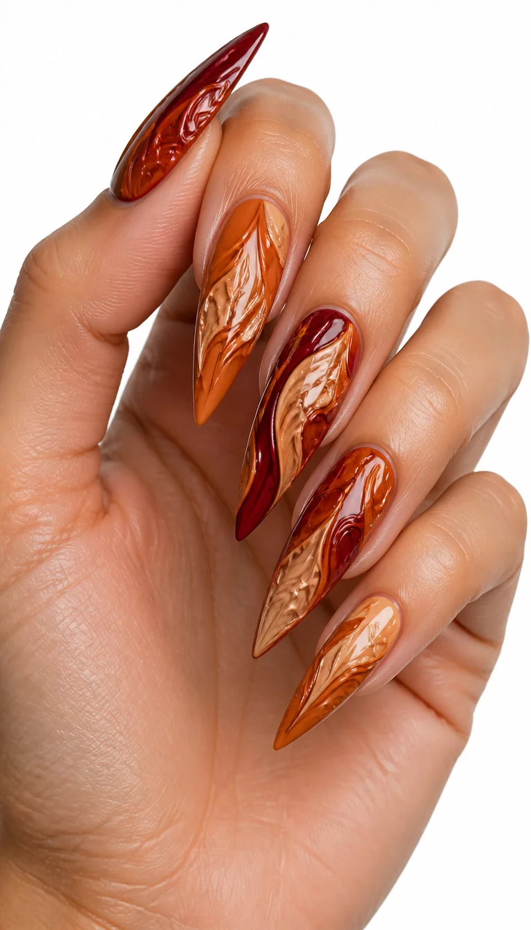 Glossy Carved Stiletto Crimson close-up shot of a woman’s hand with five fingers showing stiletto-shaped nails with a glossy finish, featuring a unique carved design in shades of deep red, burnt orange, and creamy caramel, plain white background.