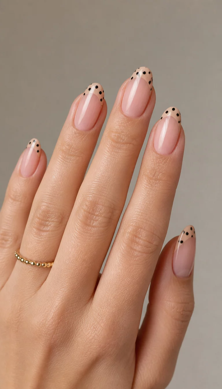 Black Polka Dot French close-up shot of a woman’s hand with five fingers showing almond-shaped nails with a natural-toned base and black polka dots adorning the French tips, neutral background.