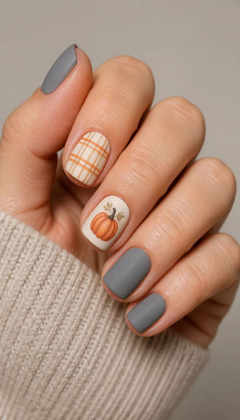 Grey Plaid And Tiny Pumpkins close-up shot of a woman’s hand with five fingers showing short, square-ish nails with a matte finish, two nails are solid grey, while the index and middle fingers feature a cream background with orange plaid and pumpkin designs, neutral background.