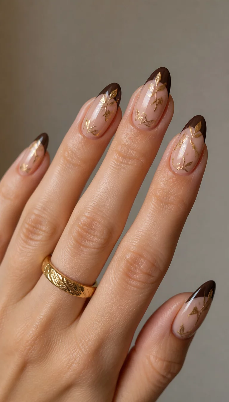 Golden Leaf Chocolate Tips close-up shot of a woman’s hand with five fingers showing almond-shaped nails with dark brown French tips, a glossy finish, and gold metallic leaf designs, gold ring visible on a finger, simple background.