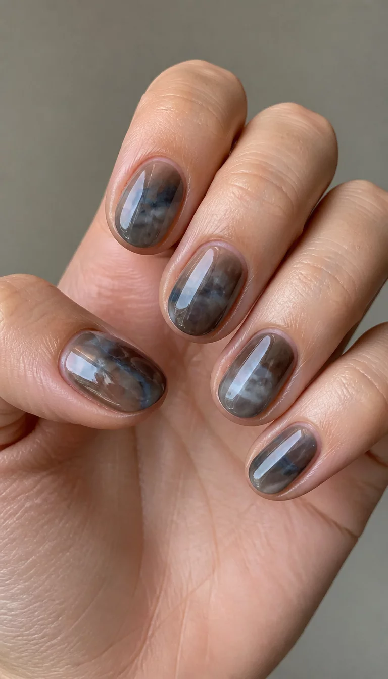 Marbled Brownish Grey Gradient close-up shot of a woman’s hand with five fingers showing short, oval nails with a glossy, brownish-grey finish showing a marbled or gradient effect with hints of blue and lighter grey, neutral background.