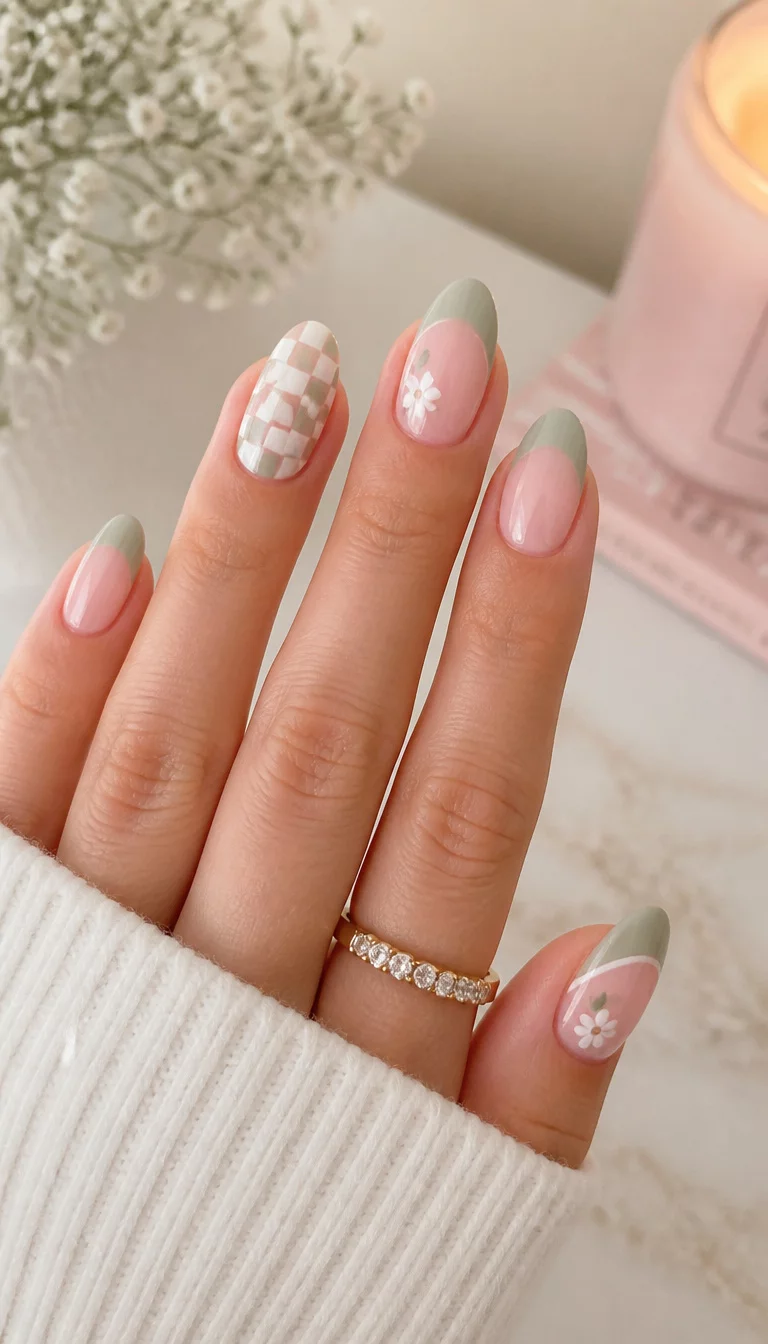 Sage Green And Checkered Pink close-up shot of a woman’s hand with five fingers showing almond-shaped nails featuring a light pink French tip with sage green tips, white checkered pattern, and small white flower designs, soft aesthetic background.