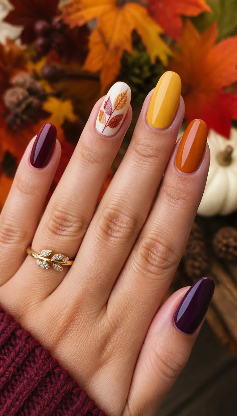The Autumn Harvest Medley close-up shot of a woman’s hand with five fingers showing various shapes and colors including burgundy, white with leaf designs, yellow, orange, and purple, multi-colored autumn background.