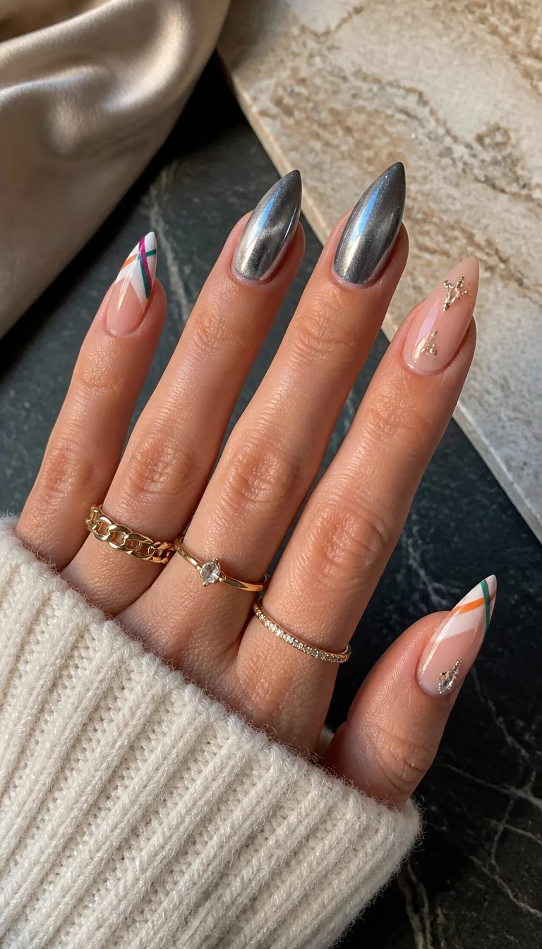 The Metallic Trio Collage close-up shot of a woman’s hand with five fingers showing a variety of styles including French tips with colorful geometric stripes, metallic silver cat-eye stiletto nails, and natural nails with small jeweled embellishments, mixed textures background.