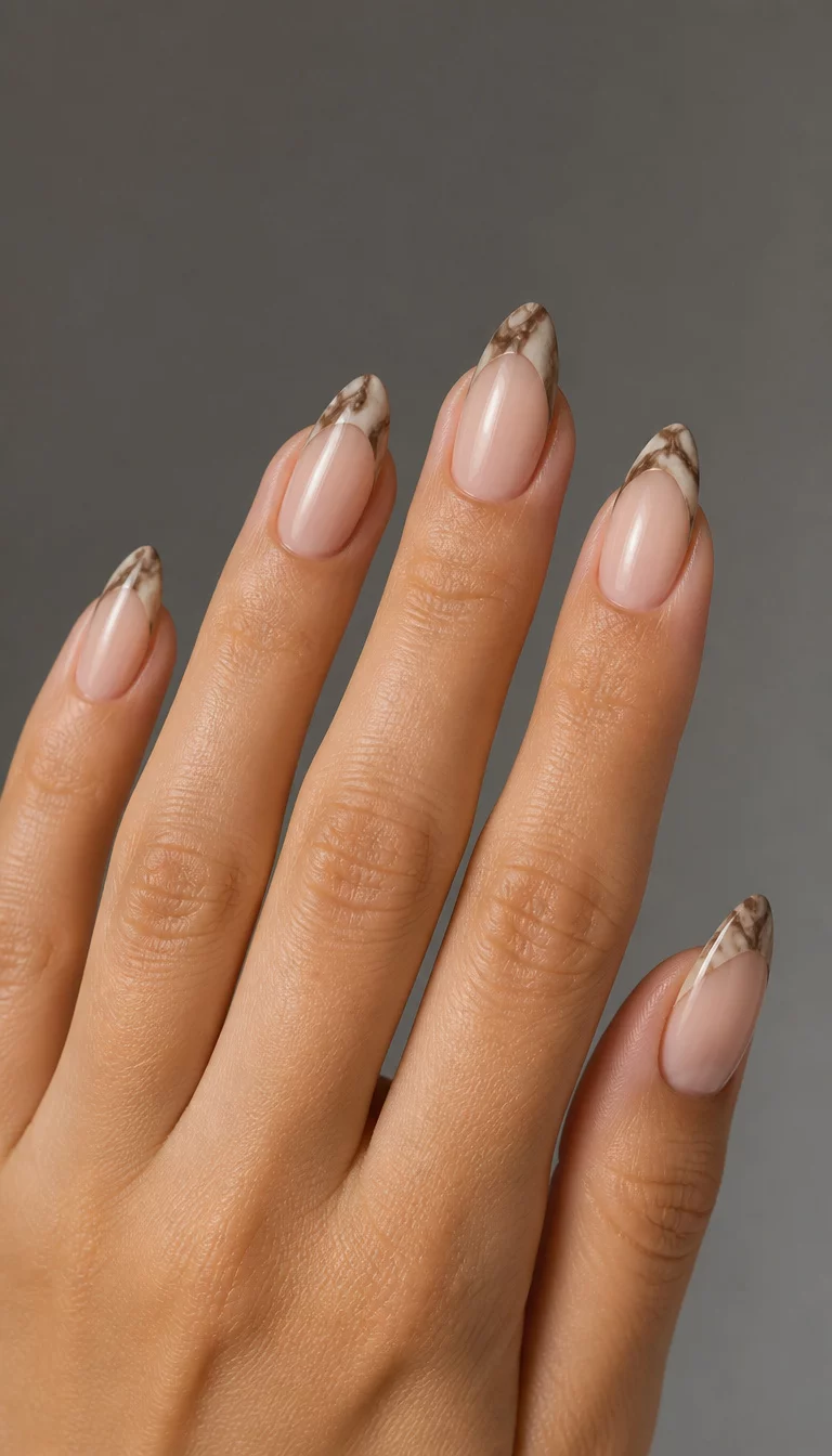Dark Brown Marbled Tips close-up shot of a woman’s hand with five fingers showing almond-shaped nails with a natural-toned base and a French tip featuring a marbled dark brown and beige pattern, simple grey background.