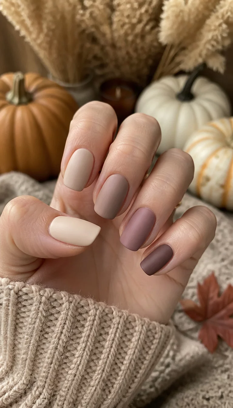 Soft Neutrals And Pumpkin Spice Vibes close-up shot of a woman’s hand with five fingers showing oval nails in soft, matte shades of beige, taupe, and a muted mauve, cozy autumn setting with pumpkins and dried grasses in the background.
