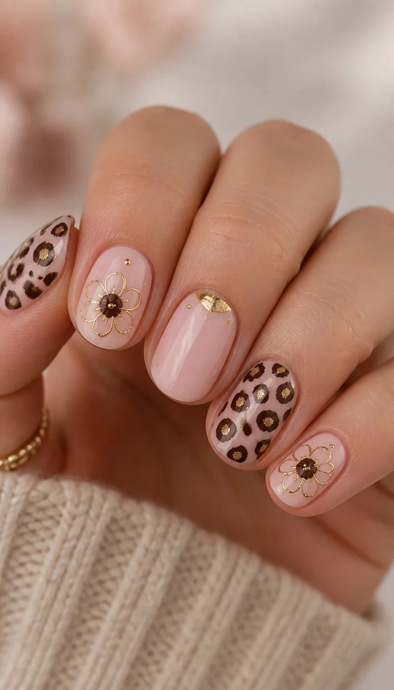 Leopard Print And Gold Accents close-up shot of a woman’s hand with five fingers showing short, oval nails with a pale pink base, gold accents, outlined flowers with dark brown centers, and leopard print designs, soft background.