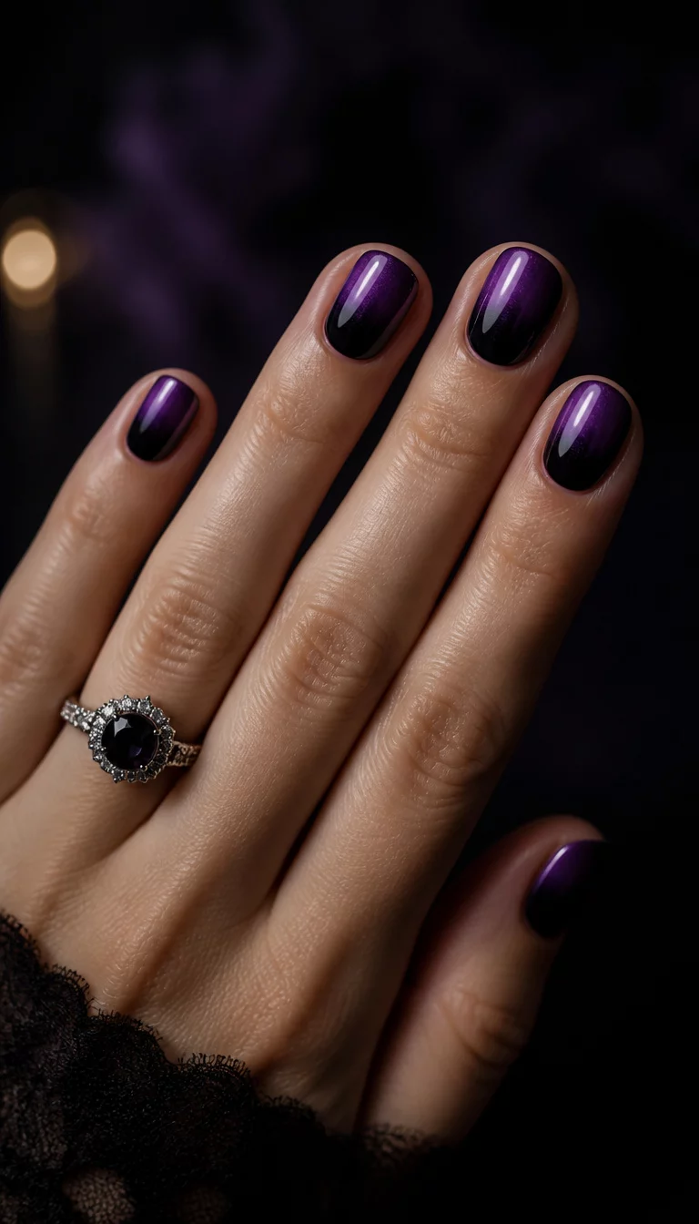 Drama In Purple Ombre close-up shot of a woman’s hand with five fingers showing short, rounded nails with a glossy finish, showcasing a dramatic purple-to-black ombre effect, a sparkling ring on the ring finger, dark atmospheric background.