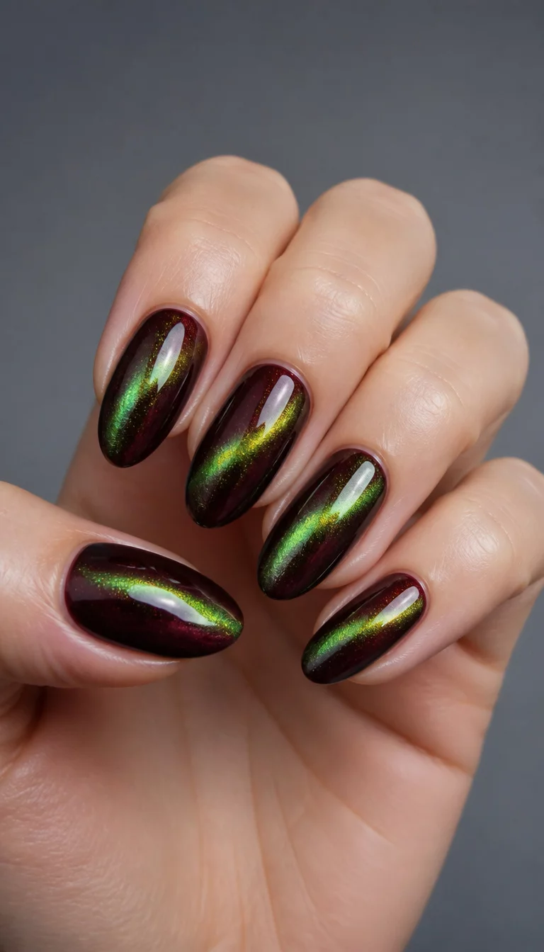 Burgundy And Green Cat Eye close-up shot of a woman’s hand with five fingers showing almond-shaped nails with a mesmerizing cat-eye effect, blending deep burgundy and luminous green, neutral grey background.