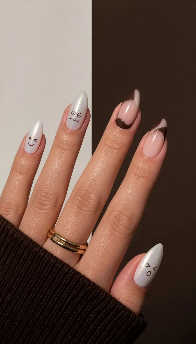 Pearlescent Smiles And Abstract Tips close-up shot of a woman’s hand with five fingers showing white pearlescent almond nails with simple cartoon faces on one hand and dark brown abstract French tips on the other, split background.