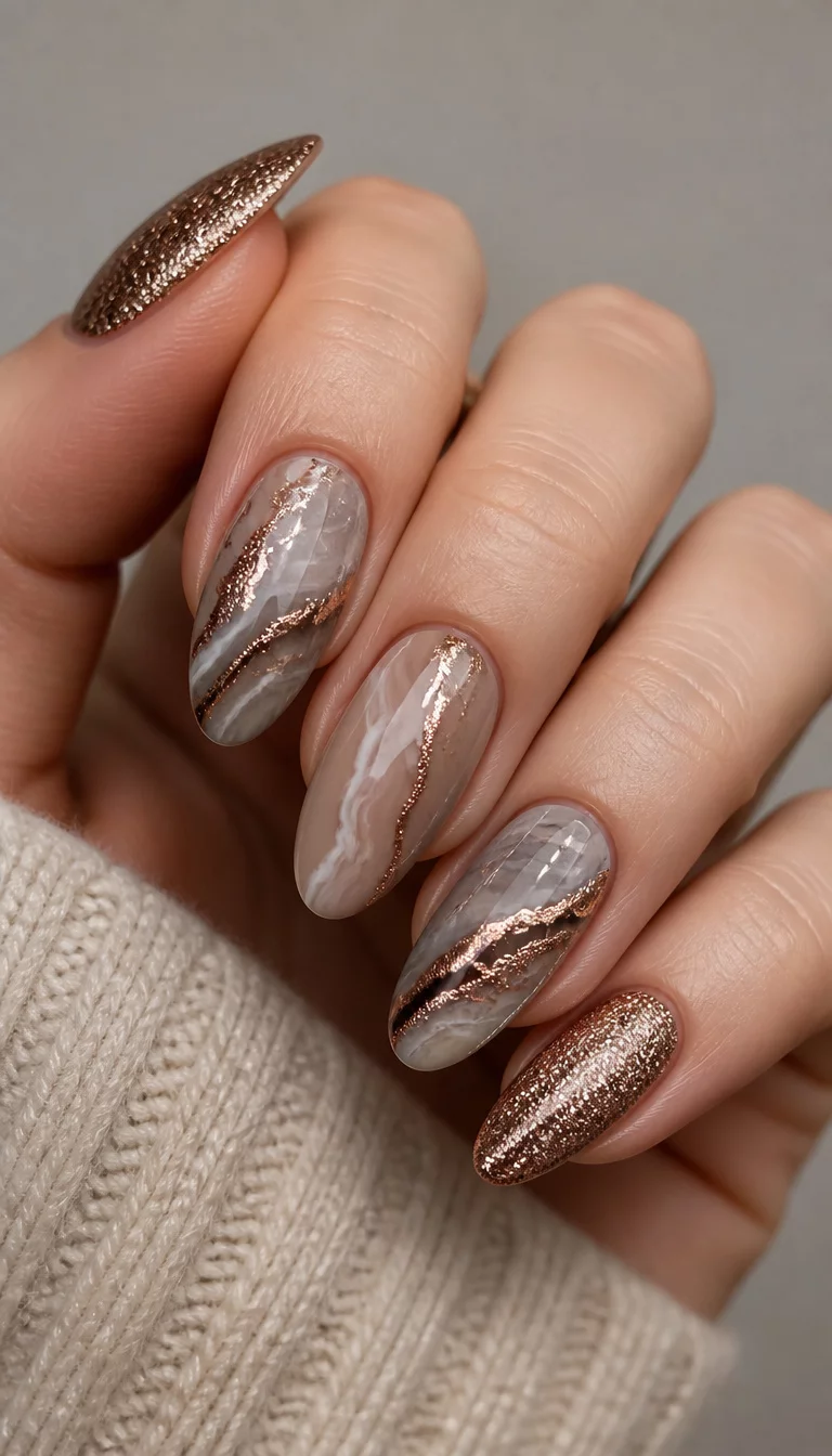 Geode Marbling And Bronze Glitter close-up shot of a woman’s hand with five fingers showing almond-shaped nails with a marbled geode design featuring shades of grey, beige, and rose gold accents, with glittery bronze nails, neutral background.