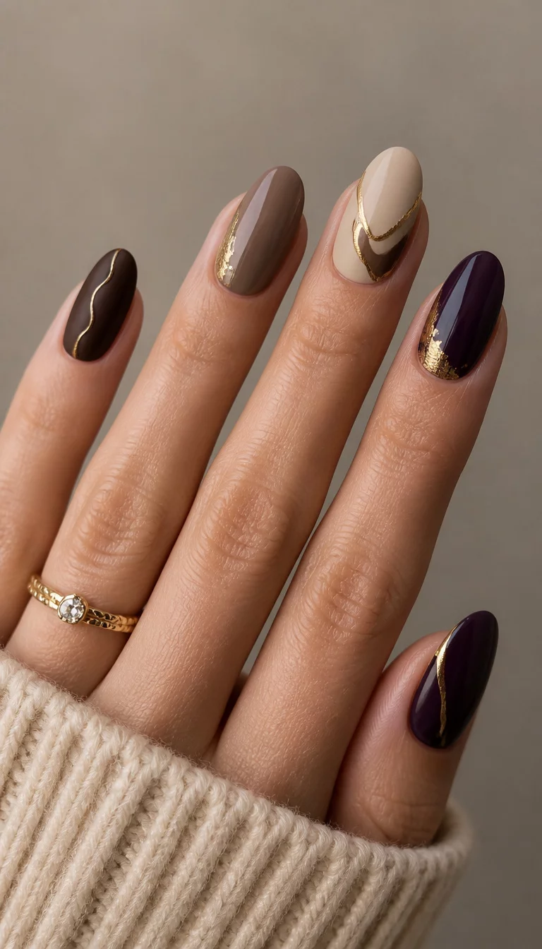 Abstract Purple And Gold Swirls close-up shot of a woman’s hand with five fingers showing oval nails in shades of brown, beige, and deep purple, adorned with matte and glossy finishes and abstract gold metallic designs, neutral background.
