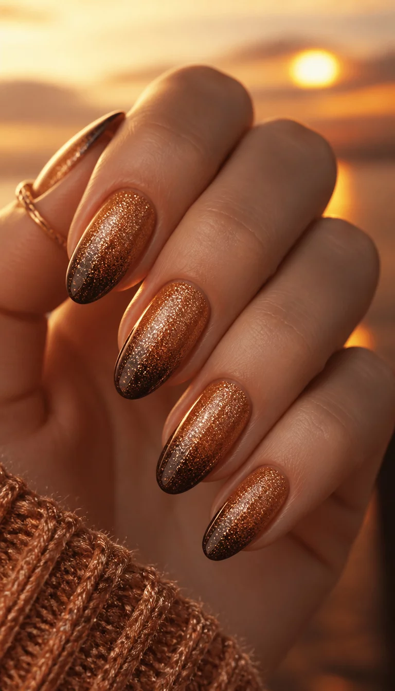 Shimmering Copper Sunset close-up shot of a woman’s hand with five fingers showing almond-shaped nails with a coppery-gold glitter and a darker ombre effect, shimmering sunset mood, warm background.