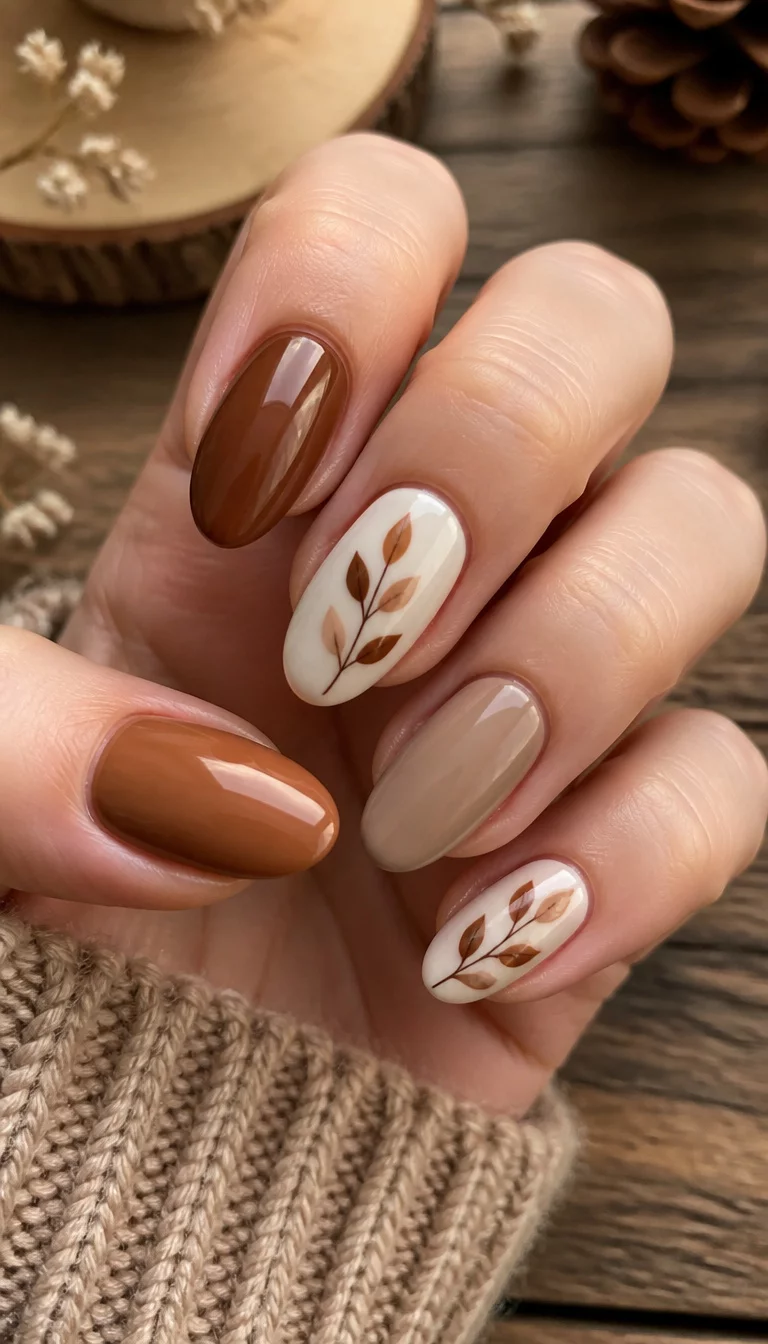 Warm Brown Leaf Branches close-up shot of a woman’s hand with five fingers showing oval nails in warm brown and beige tones, featuring white base nails with brown leaf branch designs, cozy wood background.