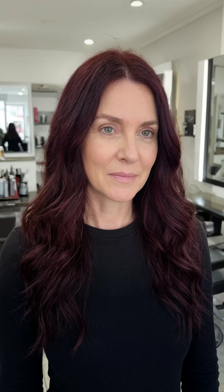 Deep Auburn Sunset Waves casual photo of a 35-year-old woman wearing a black top with a dark auburn colored long wavy hairstyle, front view, salon setting