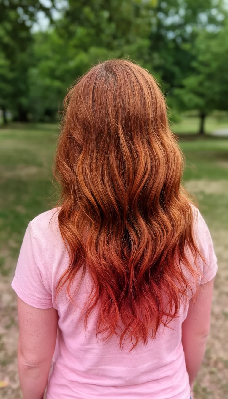Burnished Copper Cascade casual photo of a 33-year-old woman wearing a light pink top with a copper red colored very long wavy hairstyle, back view, outdoor background