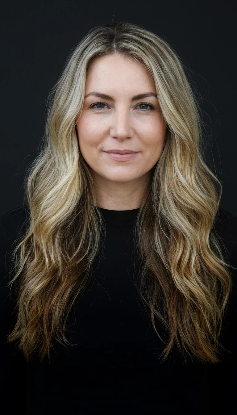 Sun-Kissed Toasted Almond Ombre casual photo of a 29-year-old woman wearing a black top with a blonde to light brown ombre colored long wavy hairstyle, front view, dark background