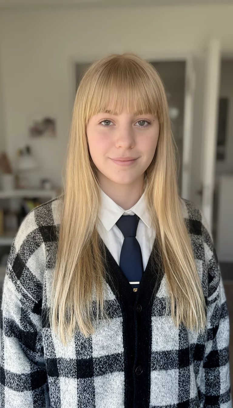 Buttery Nordic Blonde With Fringe casual photo of a 22-year-old woman wearing a checkered cardigan over a collared shirt and tie with a blonde colored long hair with bangs hairstyle, front view, indoor background