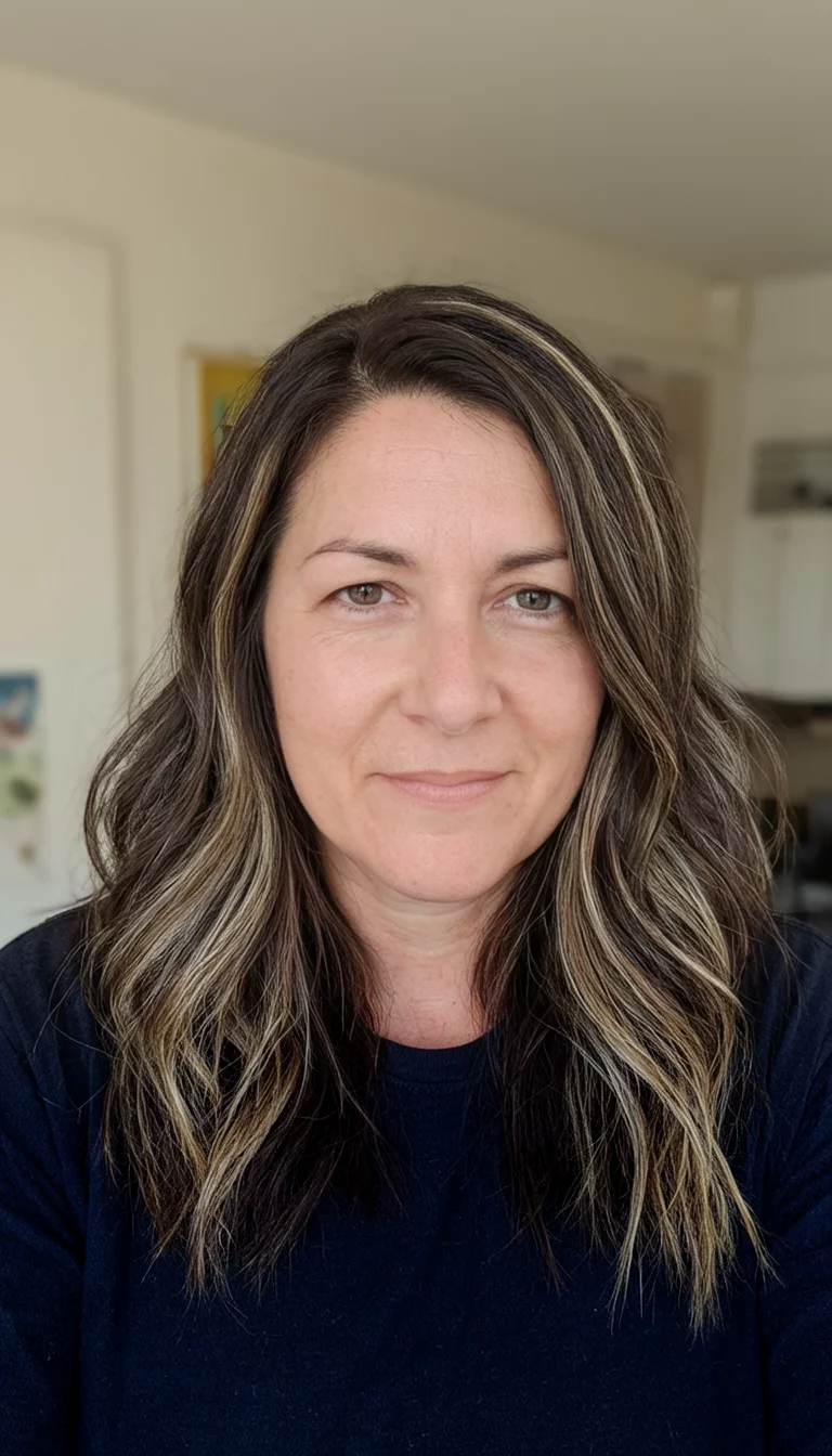 The Classic Brunette Spectrum casual photo of a 39-year-old woman wearing a dark top with a dark brown and light brown highlights colored varied hairstyle, front view, indoor background