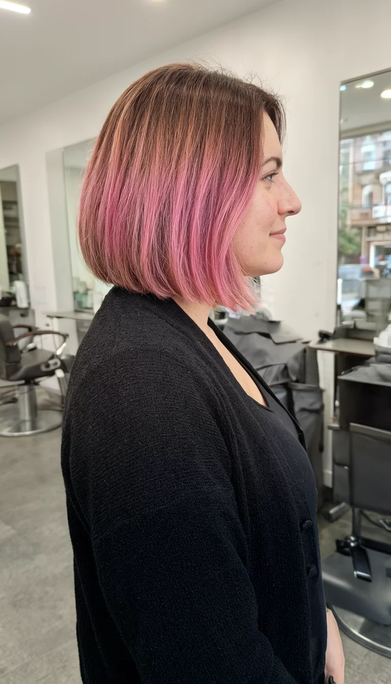 Pastel Pink To Chocolate Gradient casual photo of a 27-year-old woman wearing a black cardigan with a ombre pink to brown colored bob hairstyle, side view, salon background