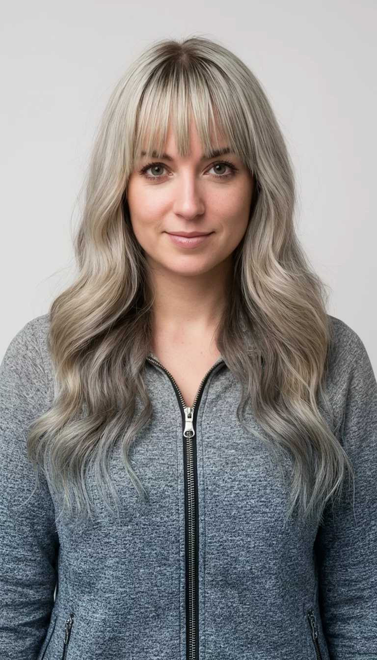 Muted Ash Stone Blonde casual photo of a 28-year-old woman wearing a grey zip up jacket with a ash blonde hair with bangs colored long wavy hairstyle, front view, studio background