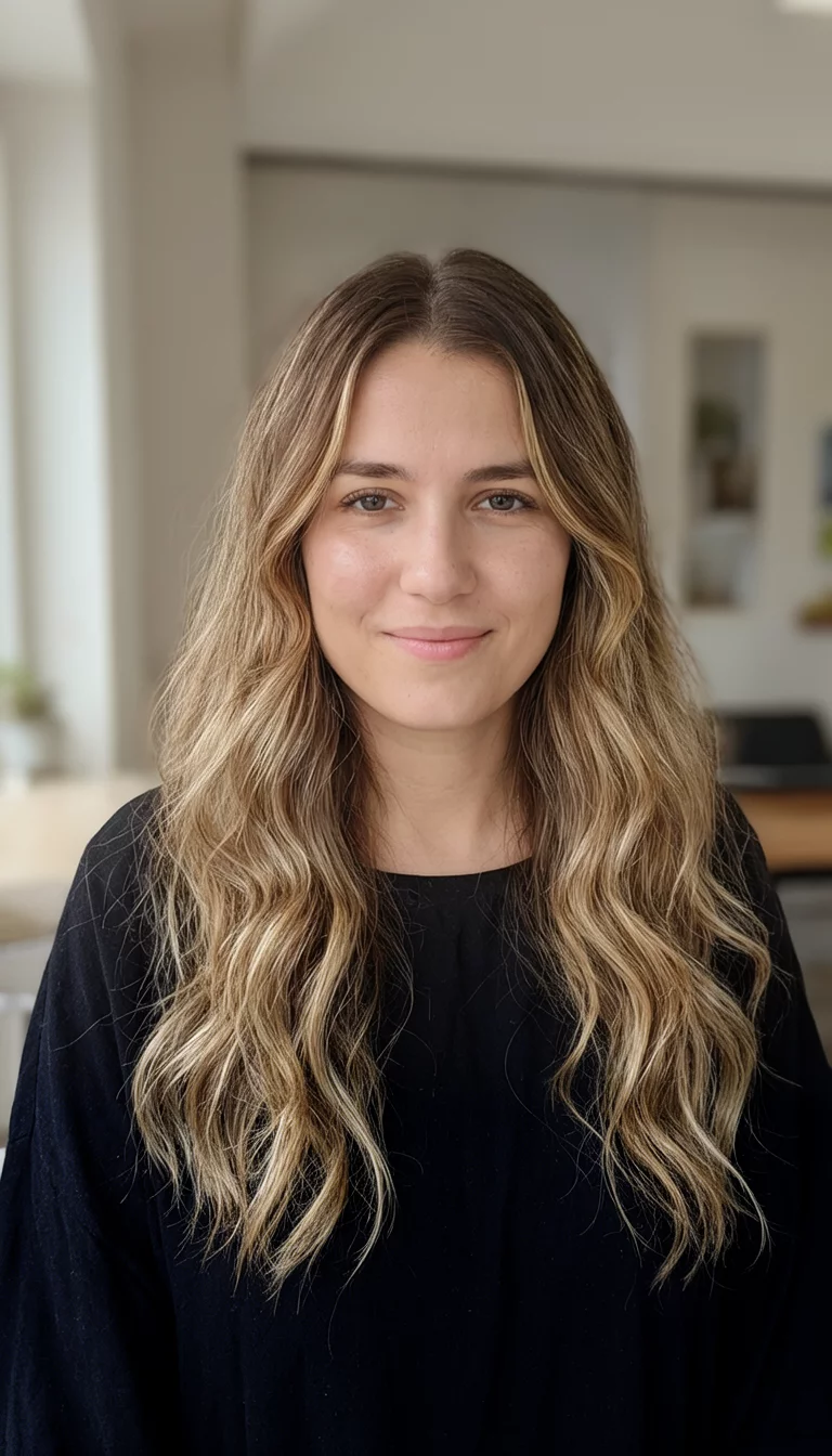 Sun-Bleached Driftwood Brown casual photo of a 25-year-old woman wearing a black garment with a light brown with blonde highlights colored long wavy hairstyle, front view, indoor background