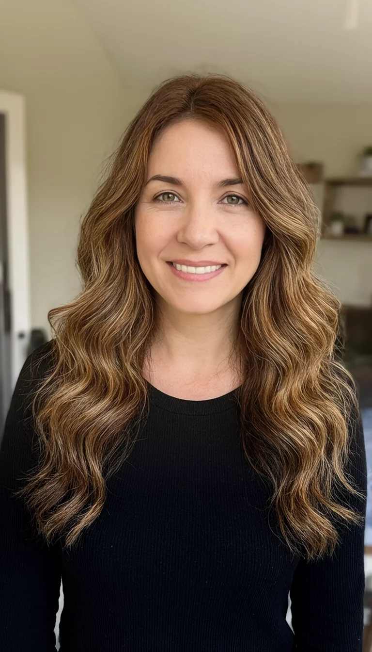 Honeyed Amber Balayage casual photo of a 37-year-old woman wearing a black top with a honey brown balayage colored long wavy hairstyle, front view, indoor background
