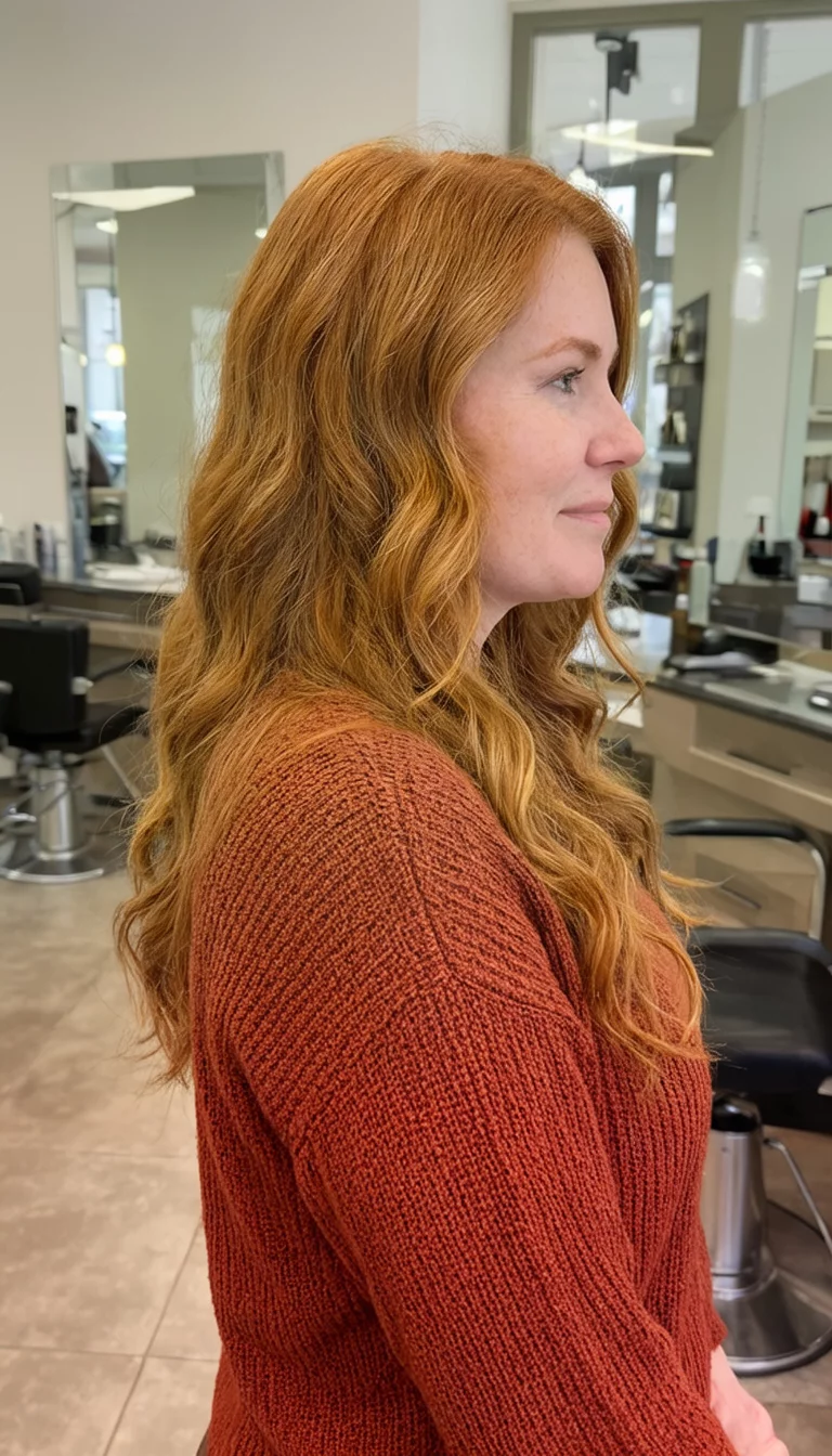 Spicy Ginger Snap Curls casual photo of a 31-year-old woman wearing a rust colored sweater with a ginger colored long wavy hairstyle, side view, salon background