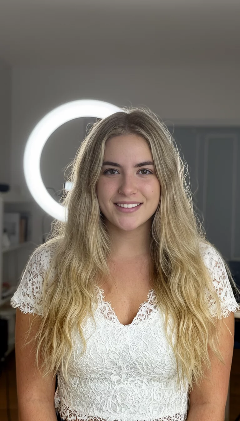 Bright Champagne Sparkle casual photo of a 24-year-old woman wearing a white lace top with a blonde colored long wavy hairstyle, front view, indoor background with ring light