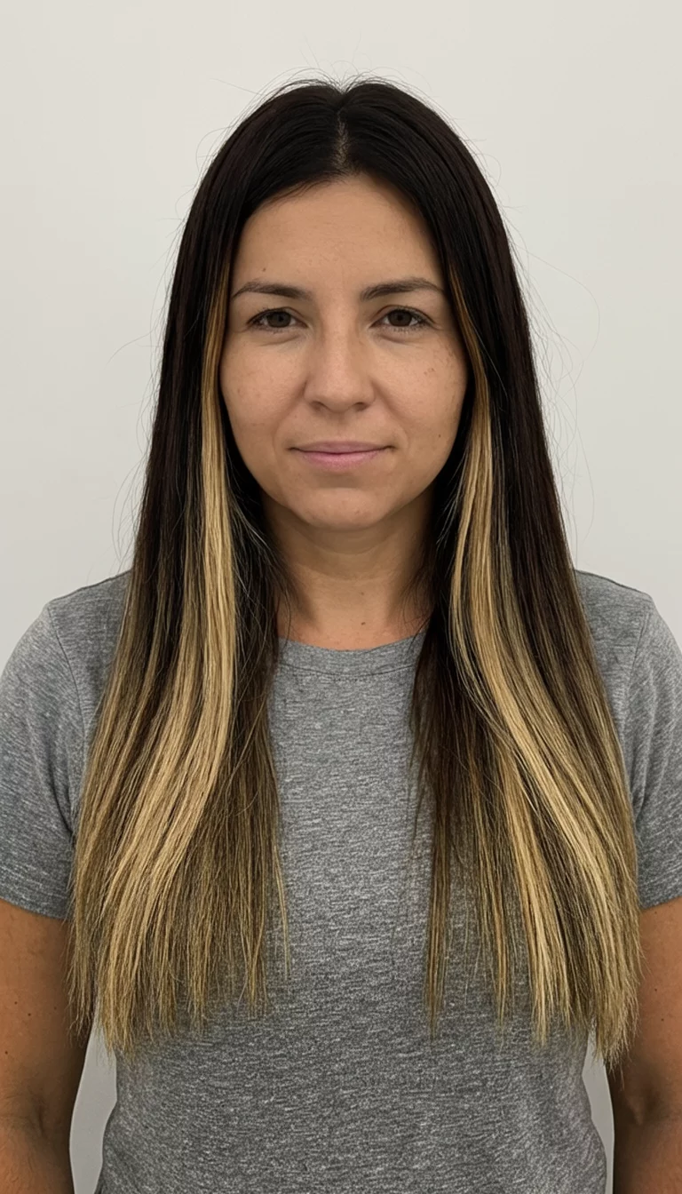 Espresso Base With Chunky Vanilla Ribbons casual photo of a 32-year-old woman wearing a grey top with a dark brown hair with blonde streaks colored long straight hairstyle, front view, plain background