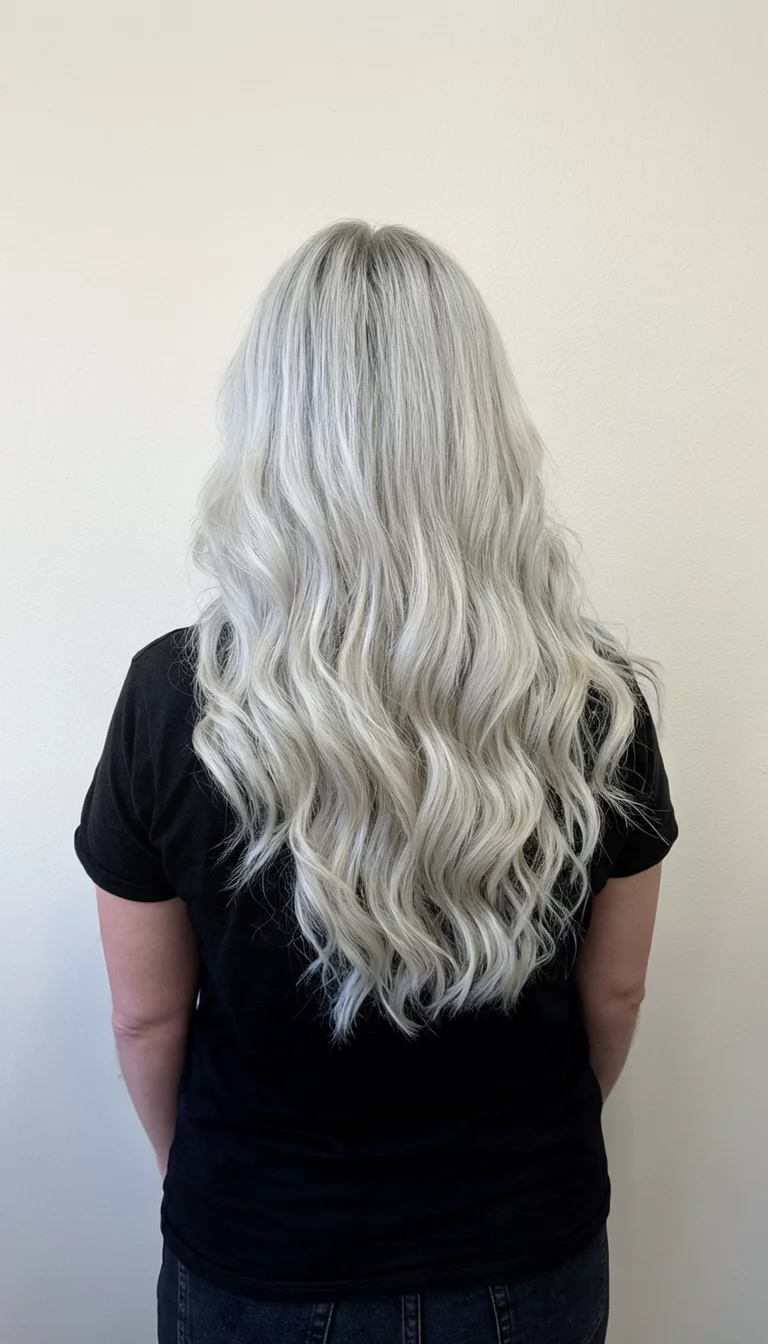 Icy Platinum Reflection casual photo of a 34-year-old woman wearing a black top with a platinum blonde colored long wavy hairstyle, back view, plain wall background