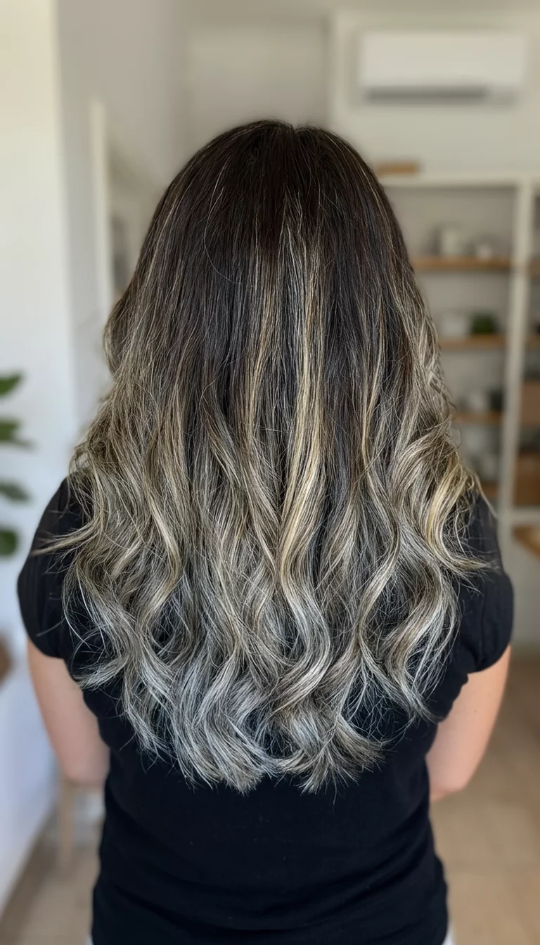 Tidal Wave Ash Ribbons casual photo of a 36-year-old woman wearing a black top with a dark brown hair with blonde and grey streaks colored long wavy hairstyle, back view, indoor background