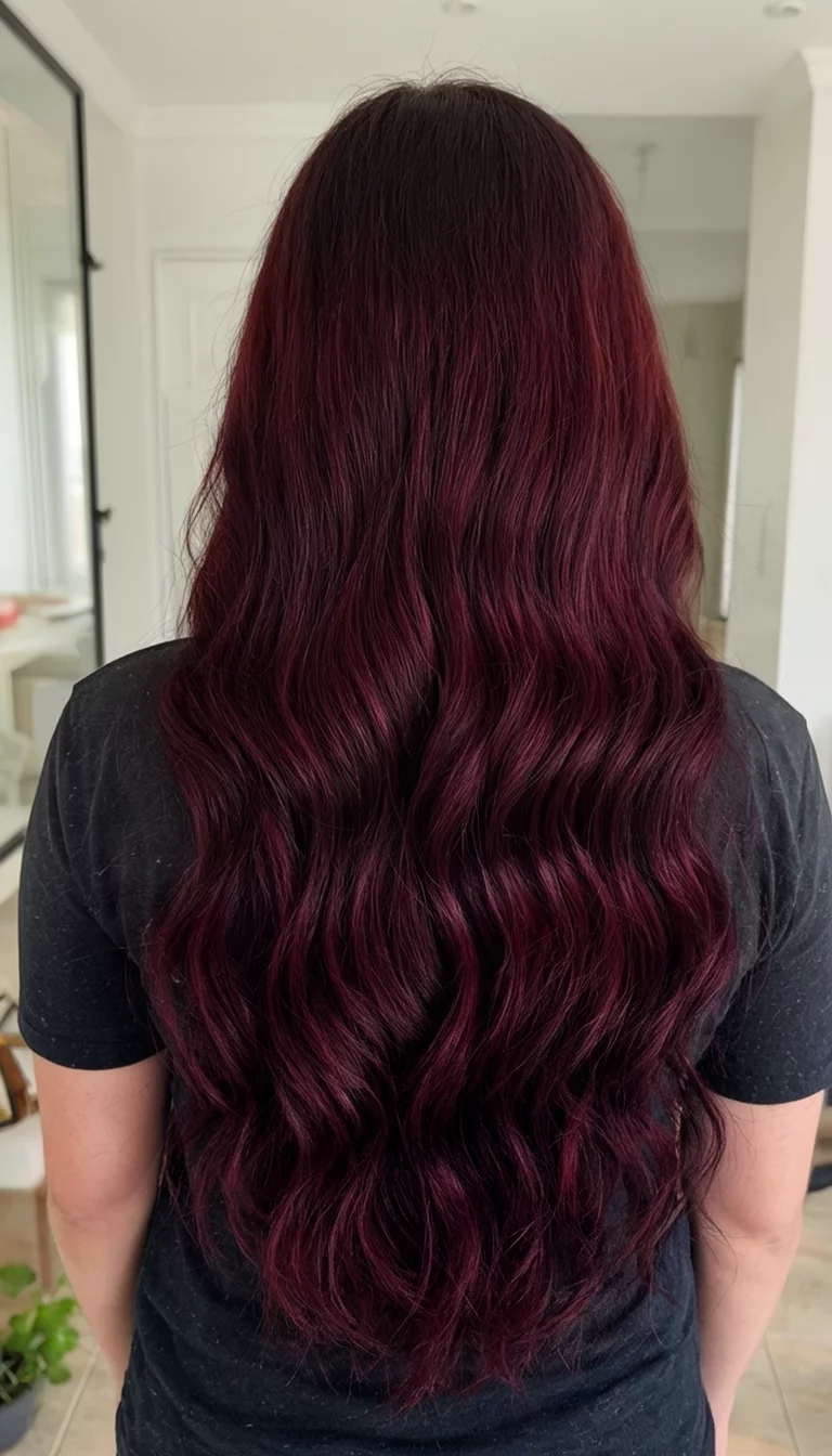 Deep Black Cherry Wine casual photo of a 26-year-old woman wearing a dark top with a deep burgundy colored very long wavy hairstyle, back view, indoor background