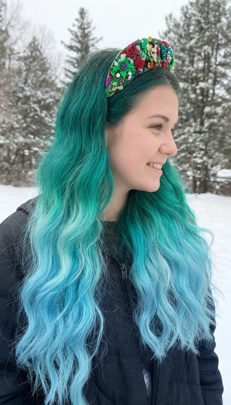 Frosted Teal Ombre casual photo of a 21-year-old woman wearing a festive headband with a teal to light blue ombre colored long wavy hairstyle, side view, snowy outdoor setting