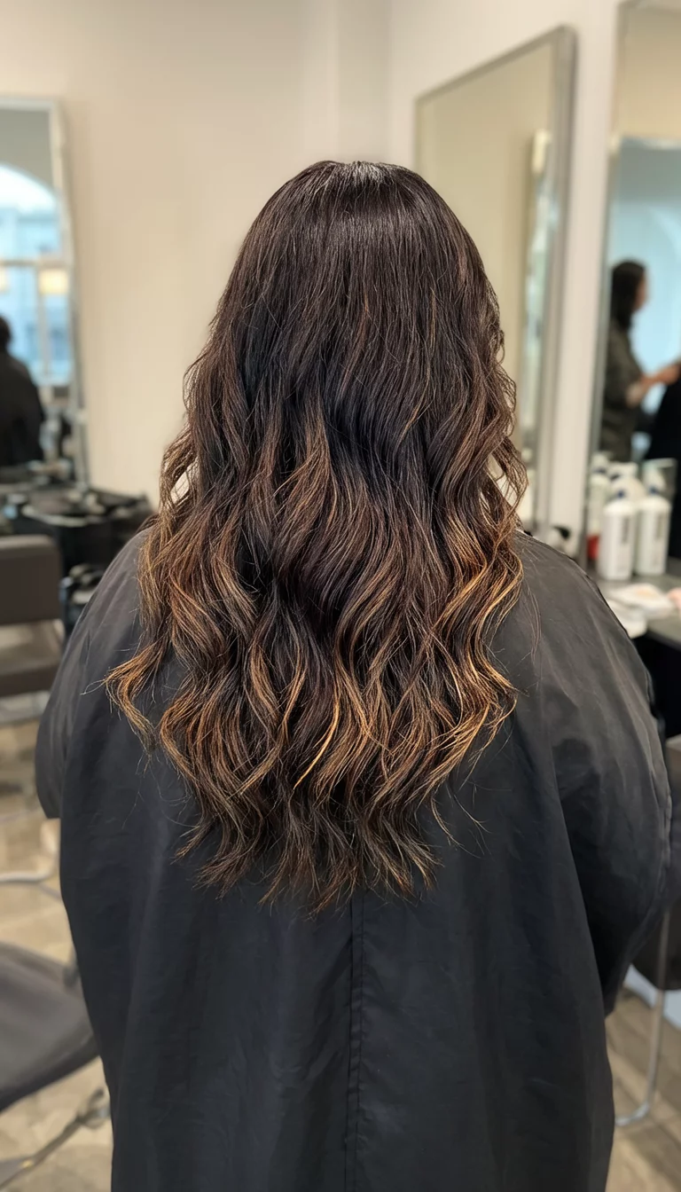 Mocha Latte Perfection casual photo of a 42-year-old woman wearing a black salon cape with a dark brown hair with subtle highlights colored long wavy hairstyle, back view, salon background