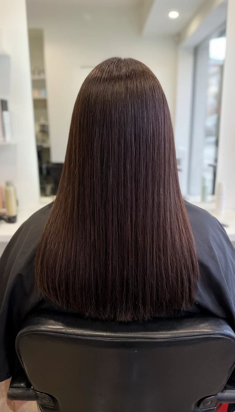 Sleek Dark Chocolate Silk casual photo of a 41-year-old woman wearing a salon cape with a dark brown colored smooth straight hairstyle, back view, salon chair background