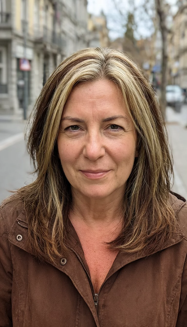 Toffee And Caramel Swirl casual photo of a 38-year-old woman wearing a brown jacket with a brown and blonde highlights colored medium layered hairstyle, front view, outdoor street background