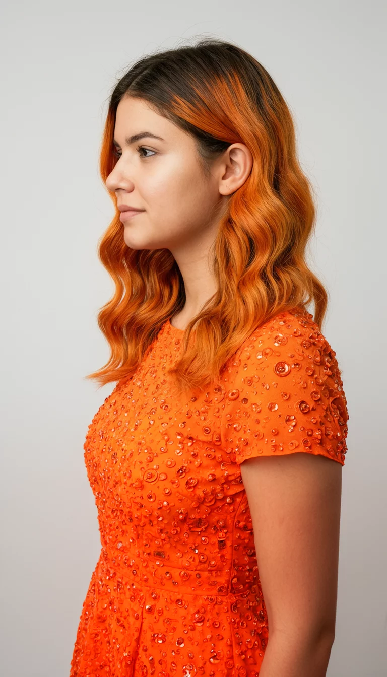 Vibrant Tangerine Dream casual photo of a 23-year-old woman wearing an embellished orange dress with a orange wavy colored side parted hairstyle, side view, studio background