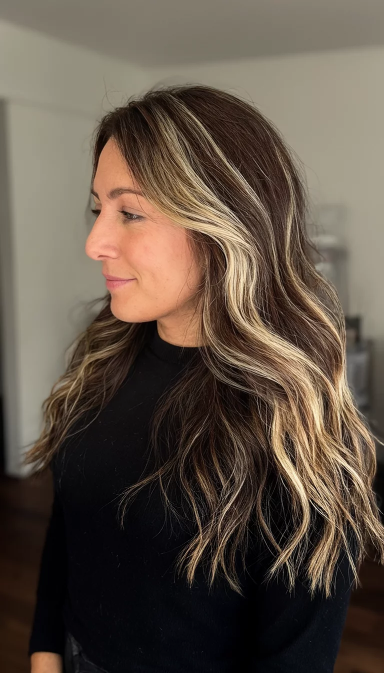 High-Contrast Toffee Swirl casual photo of a 33-year-old woman wearing a black top with a dark brown with significant blonde highlights colored long wavy hairstyle, side view, indoor background